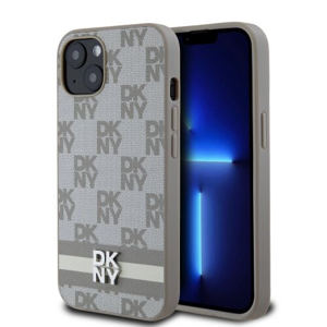 DKNY PU Leather Checkered Pattern and Stripe Zadní Kryt pro iPhone 13 Beige