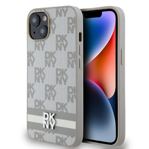DKNY PU Leather Checkered Pattern and Stripe Zadní Kryt pro iPhone 15 Beige