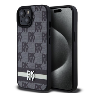 DKNY PU Leather Checkered Pattern and Stripe Zadní Kryt pro iPhone 15 Black